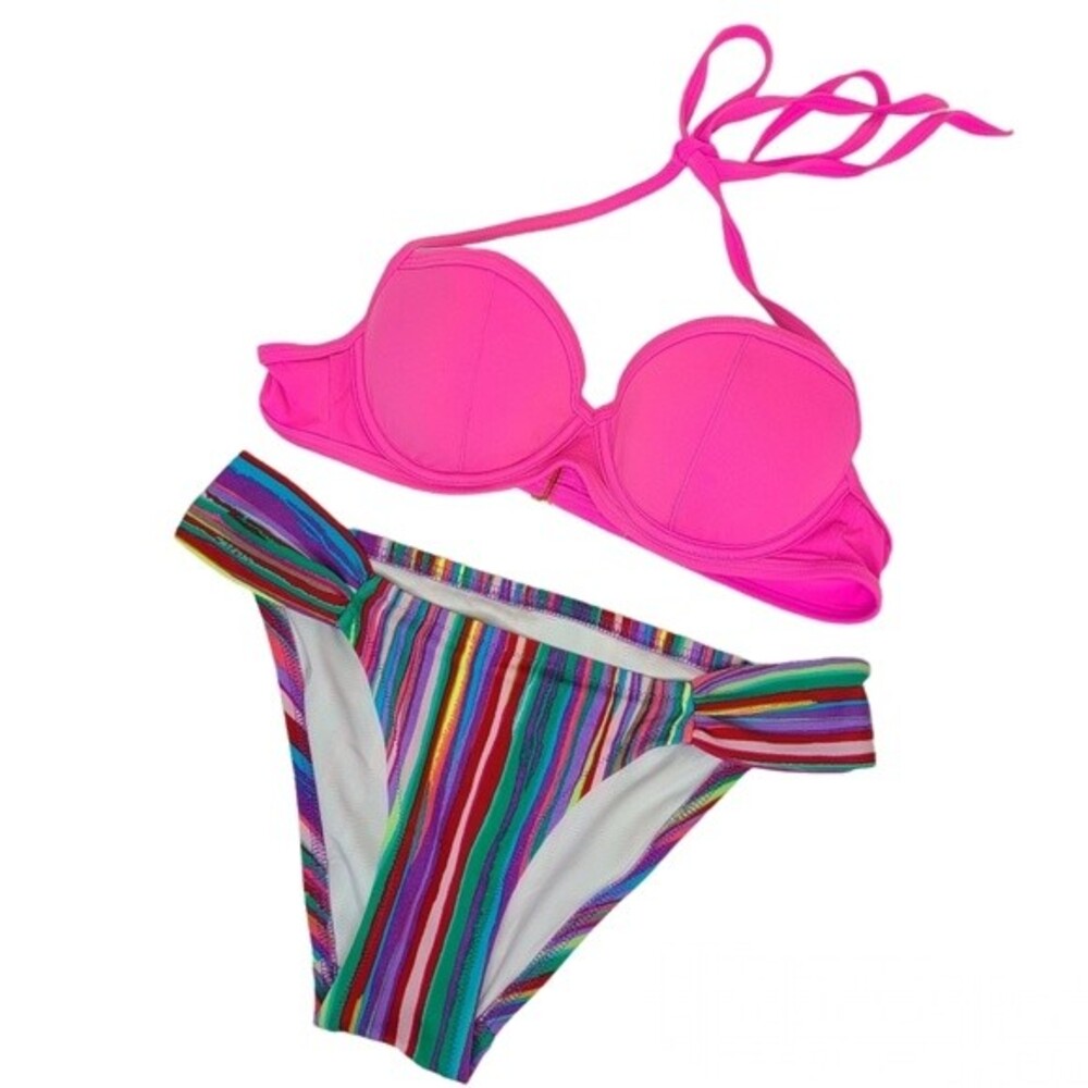 Victorias Secret PushUp Bikini Top & Multicolored Striped Bikini Bottom XS 34A